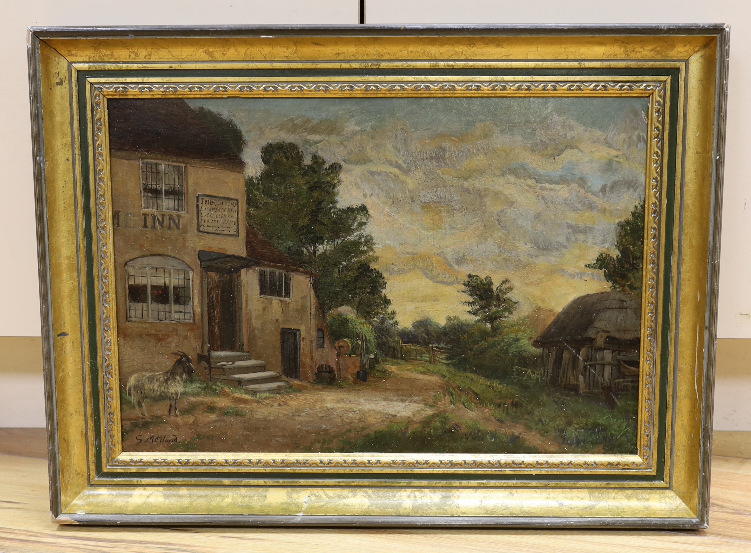 After George Morland, oil on canvas, Country landscape with tavern, 33 x 48cm